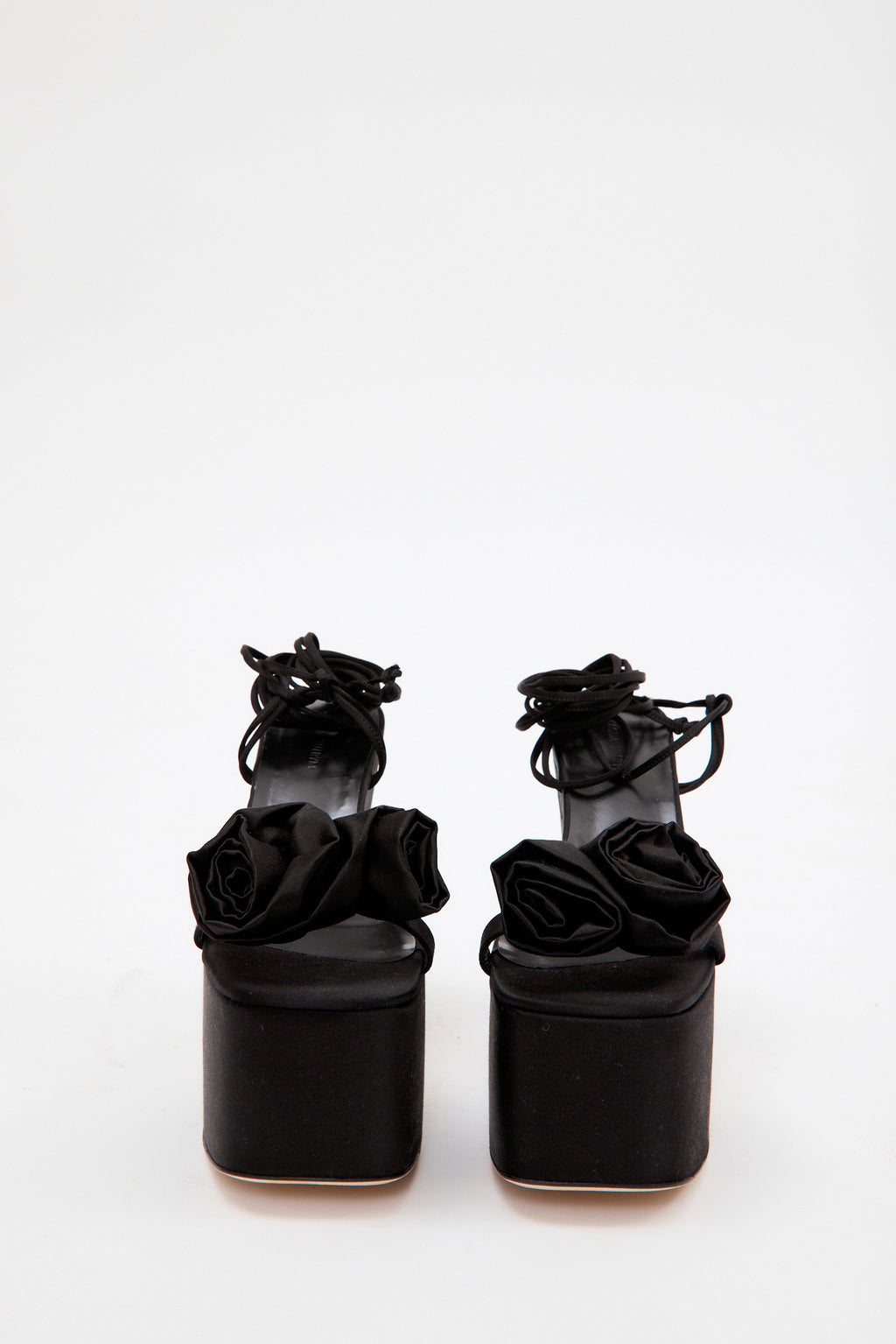 Platform Black Satin Flower Sandals - Désordre Boutique