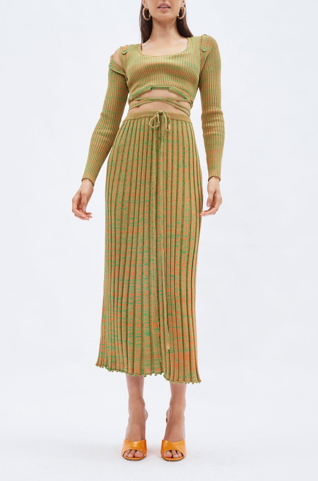 Pleated Green Tangerine Knit Tie Skirt - Désordre Boutique