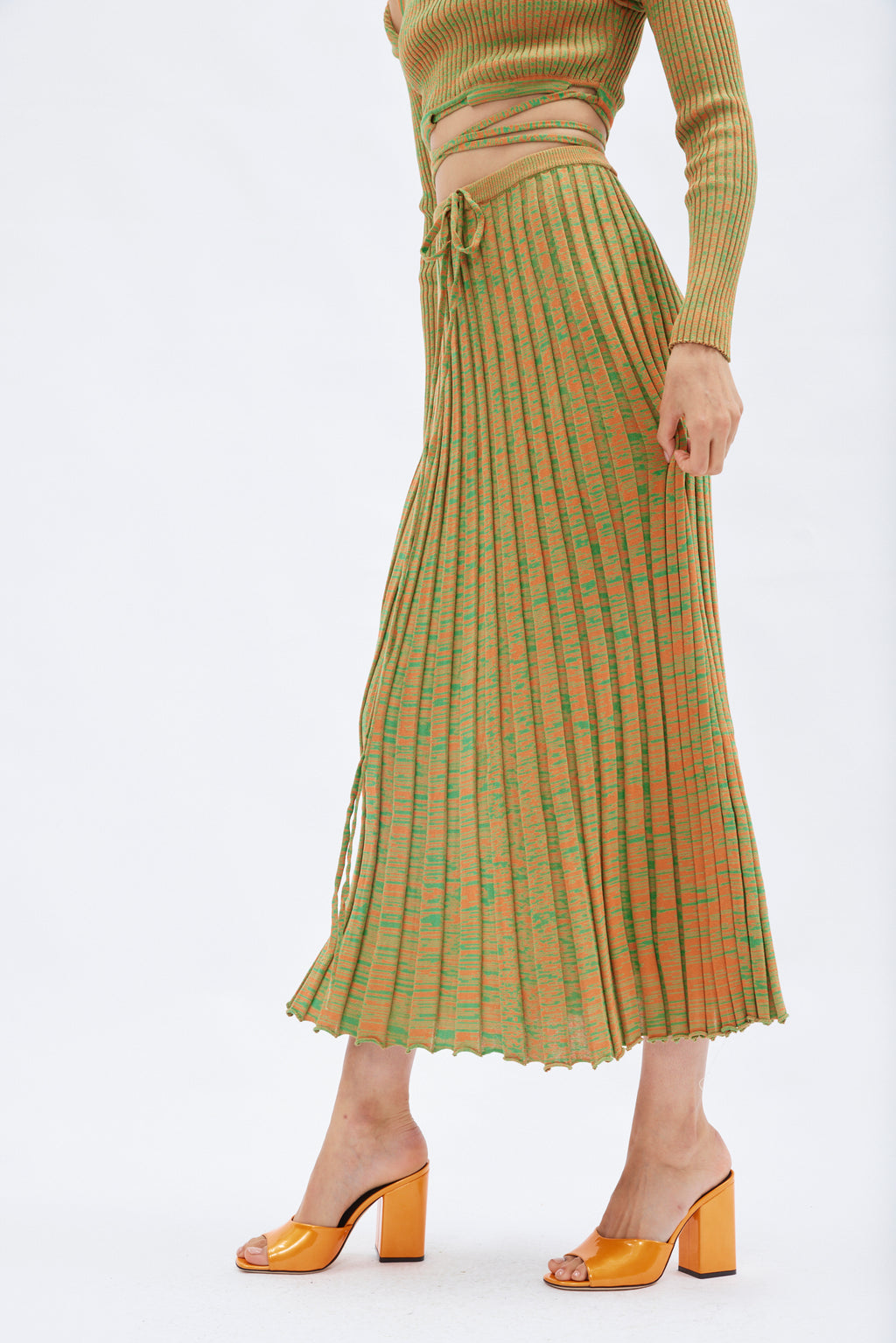 Pleated Green Tangerine Knit Tie Skirt - Désordre Boutique