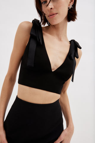 Plunge Black V Top with Bow Detail - Désordre Boutique