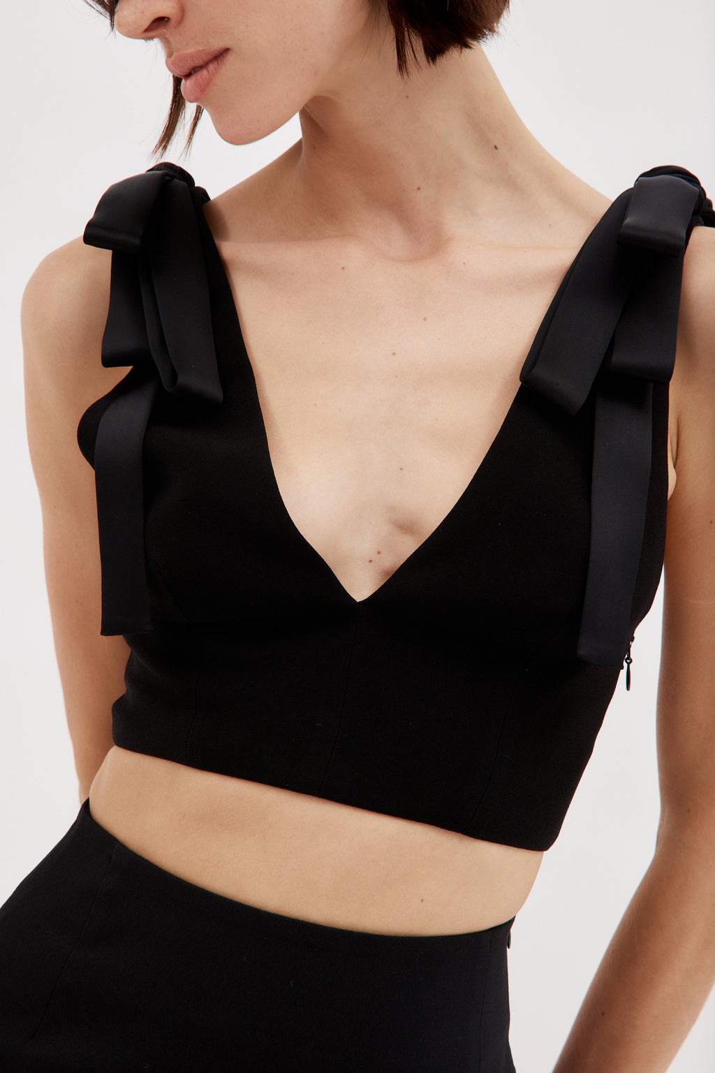 Plunge Black V Top with Bow Detail - Désordre Boutique