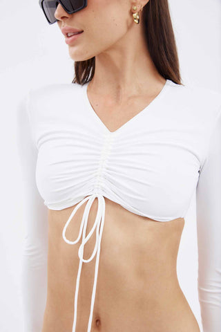 Ruched White Crop Long Sleeve Sun Tee - Désordre Boutique